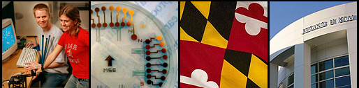 Images of UM: Engineering students, microchip, MD flag, and the new Kim Building