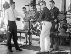 Prof. John Bryan instructs students in the 1960s on sprinkler systems.