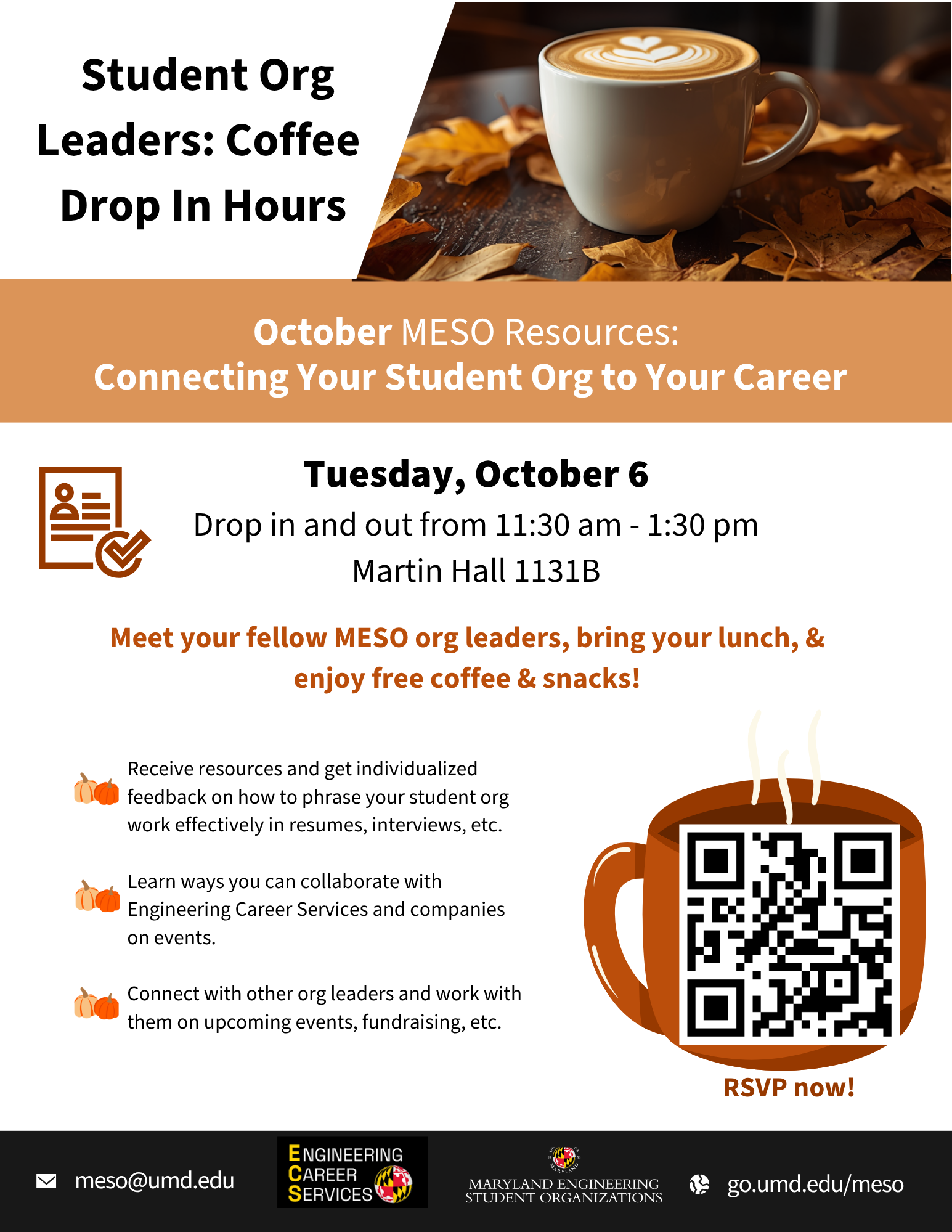Flyer for MESO Coffee Drop-In Hours on October 6 which includes graphics of a coffee mug and QR code to RSVP