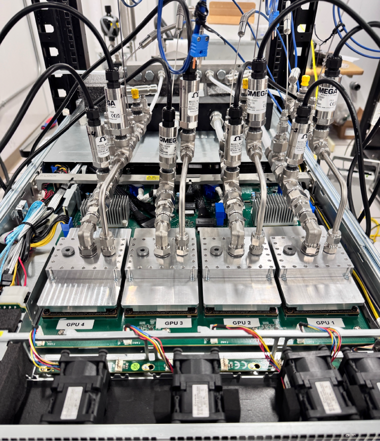 DCEC cold plates cooling GPUs in a Supermicro server