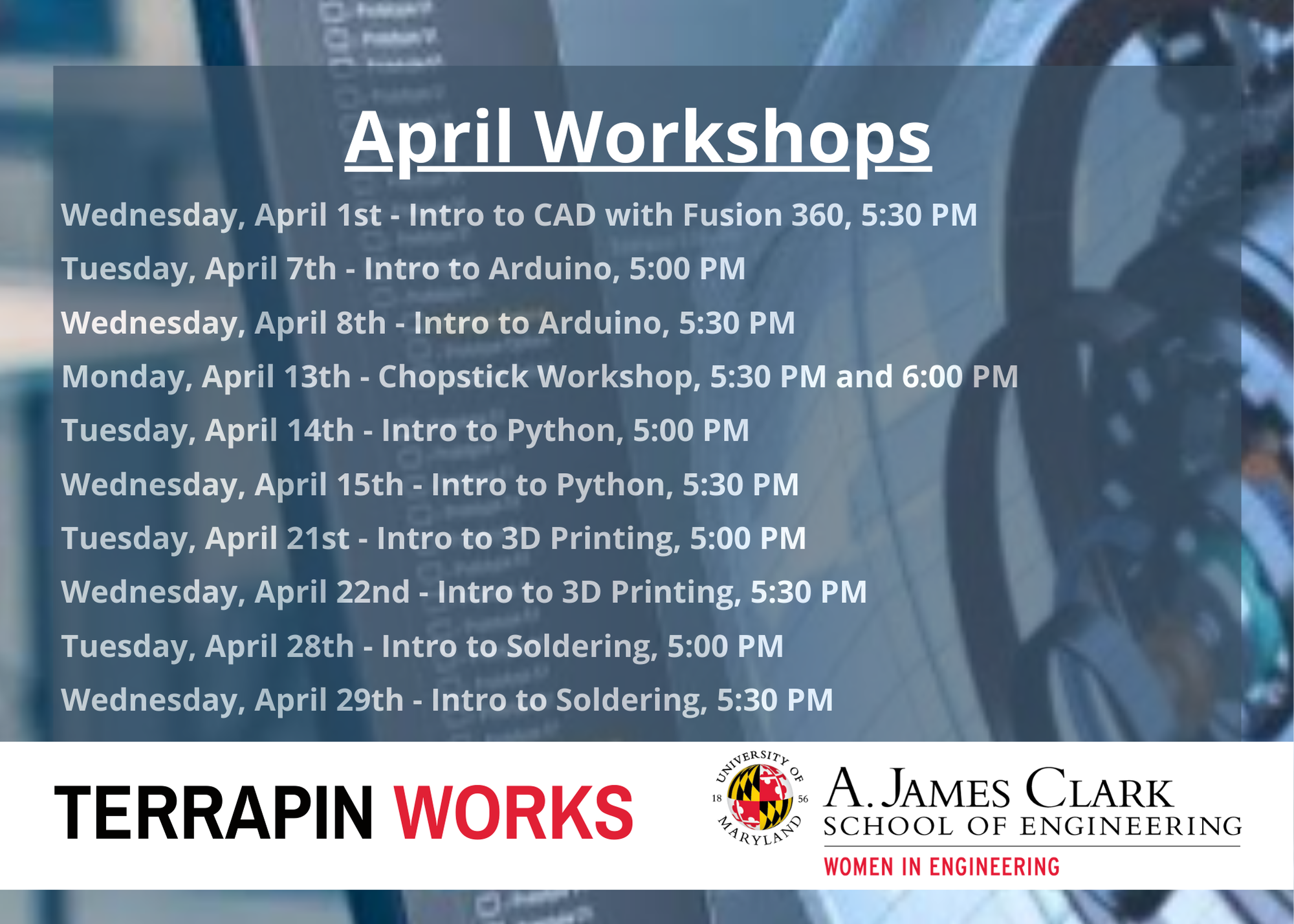 Terrapin Works April 2026 Workshops