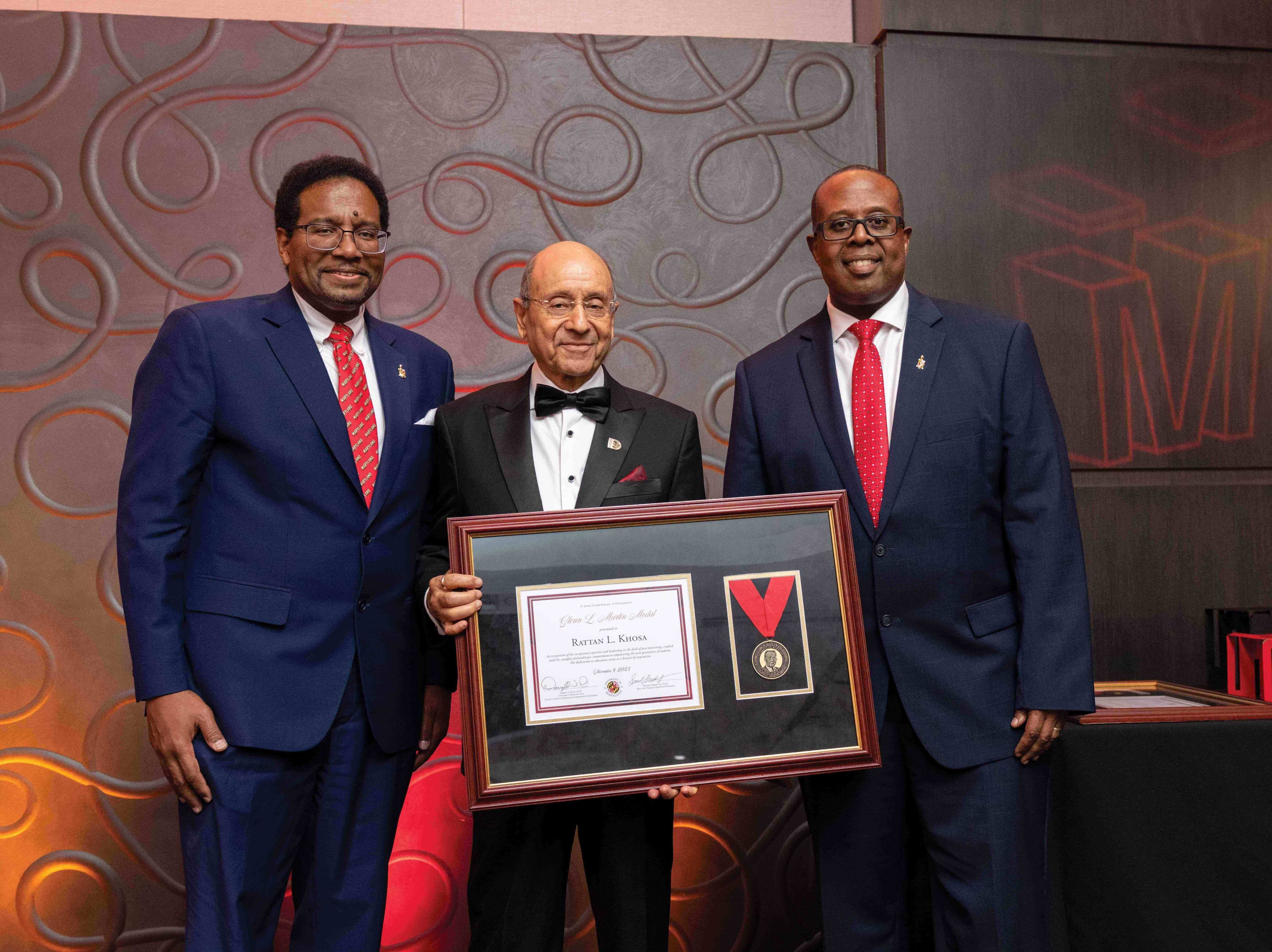 from left, UMD President Darryll J. Pines, Rattan Khosa M.S. ’71, and Clark School Dean Samuel Graham