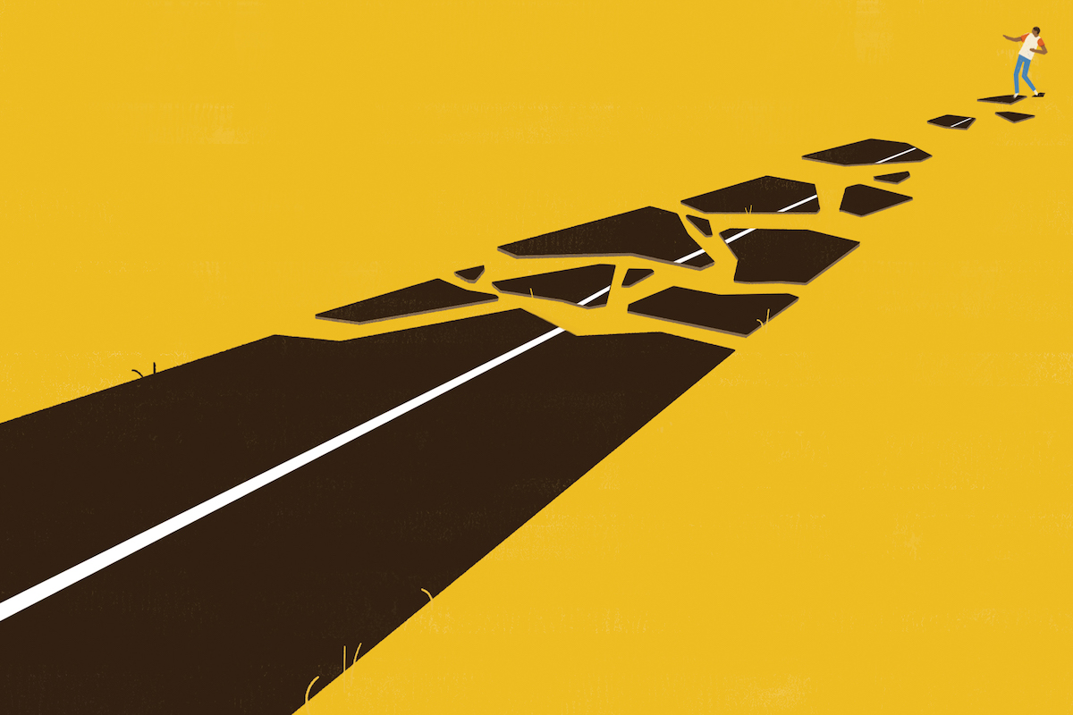 Illustration of a black road going from the top-right corner to the bottom-left corner against a yellow background, with a human figure precariously balanced at the top-right corner on a broken piece of road