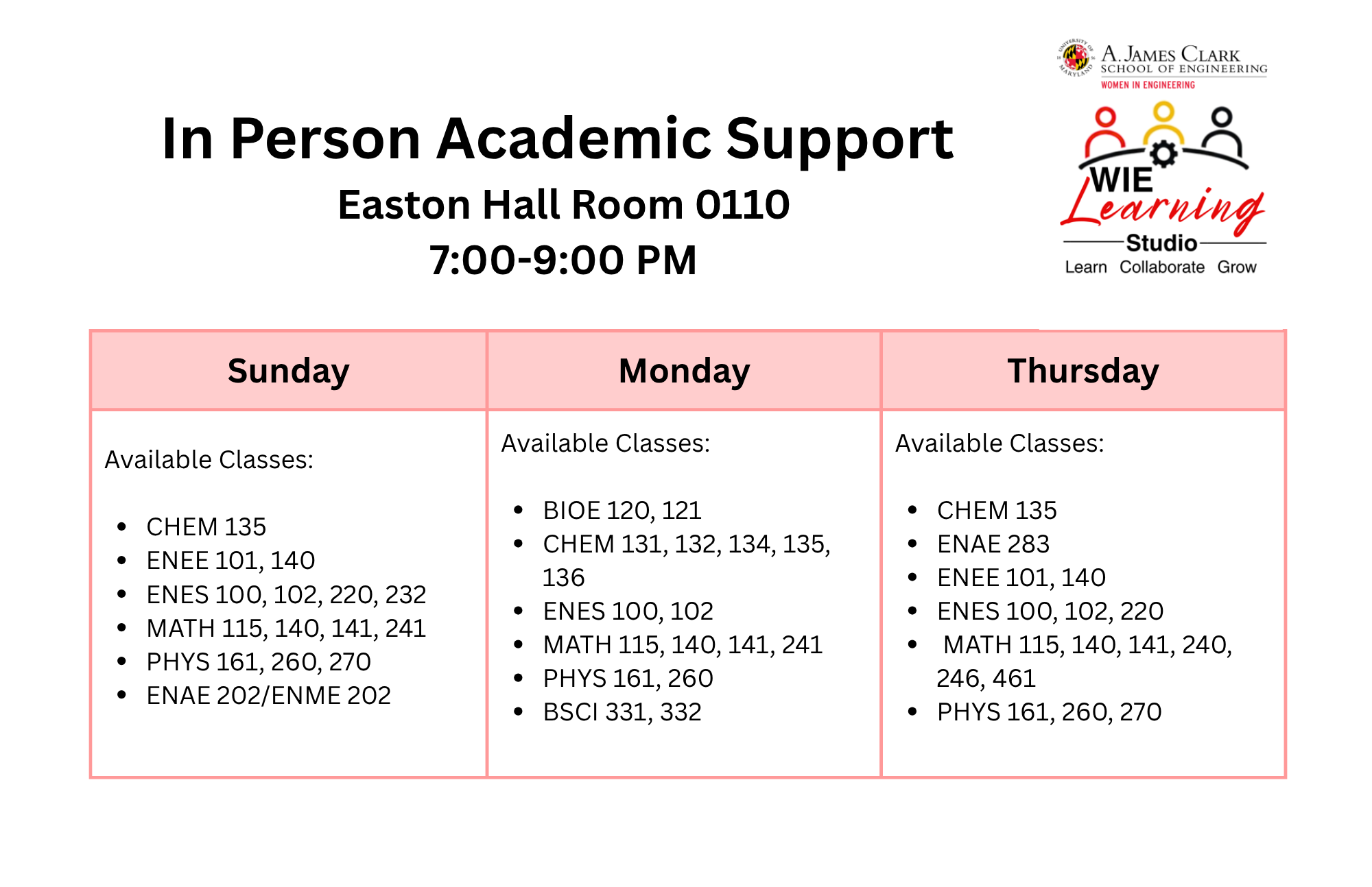 WIE Easton Tutoring Schedule
