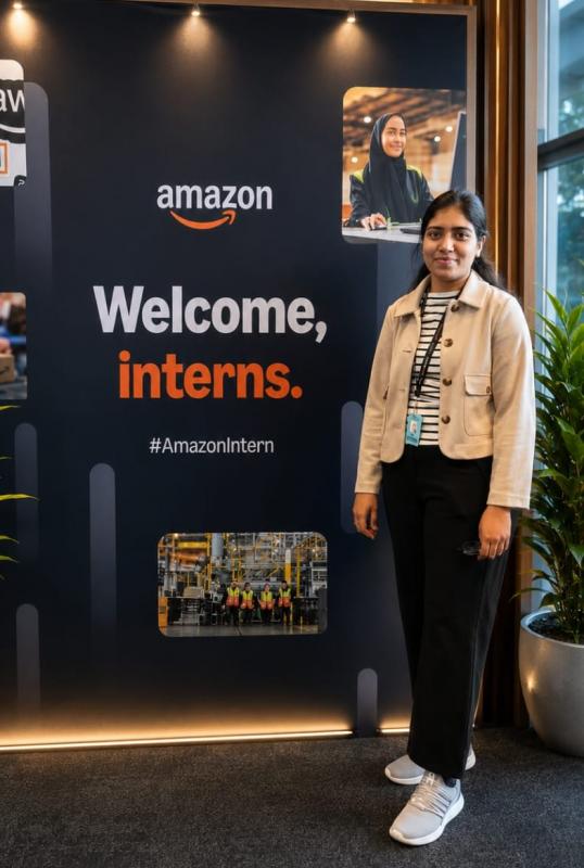 Indu Priya Malempati in front of Amazon signage