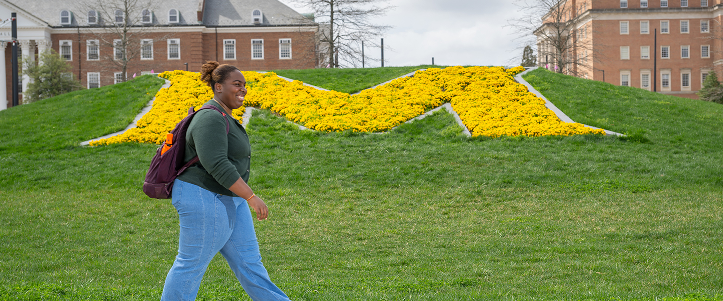 Jolicia Taylor walks along the M Circle on the UMD College Park campus