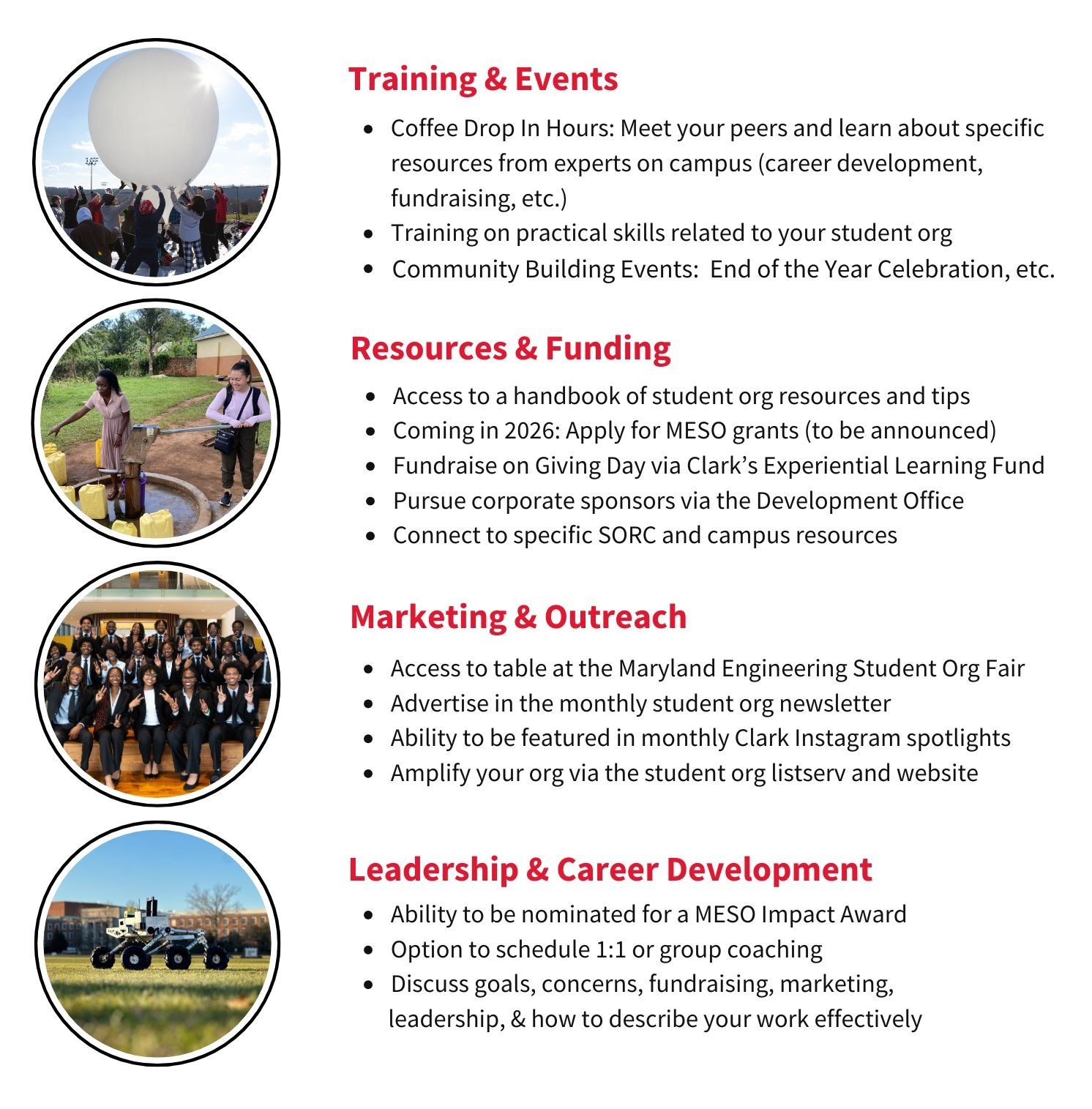 Training &amp; Events, Resources &amp; Funding, Marketing &amp; Outreach, Leadership &amp; Career Development