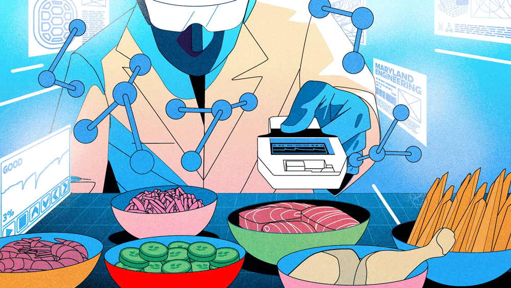 Animated GIF illustration of a scientist in a lab coat using a tool in his hand to detect food spoilage