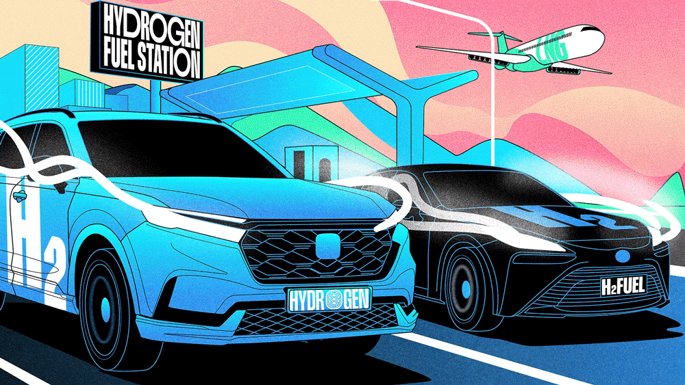 Animated GIF illustration of two hydrogen fueled cars in foreground and a plane in the sky
