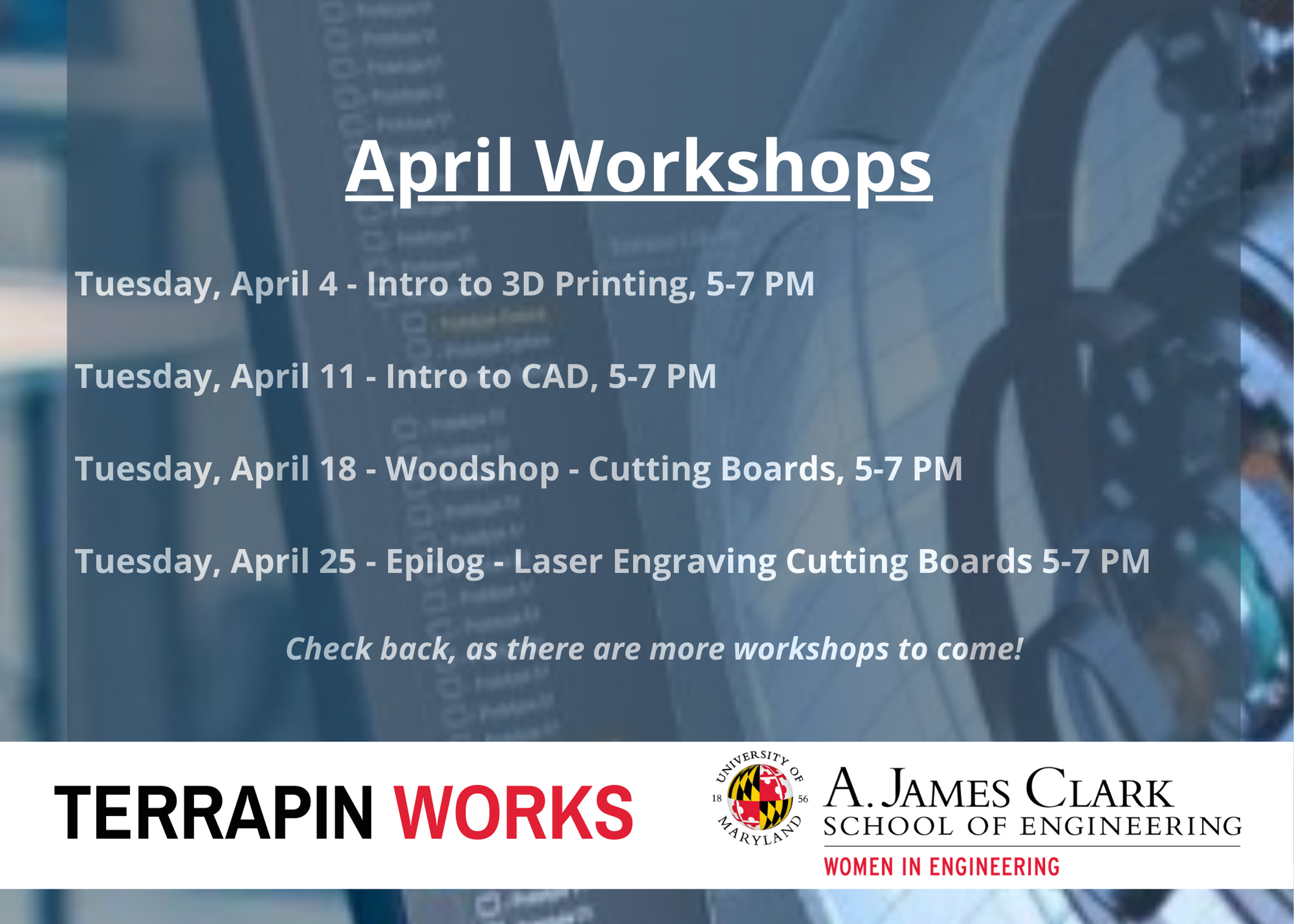Terrapin Works April Workshops Flyer