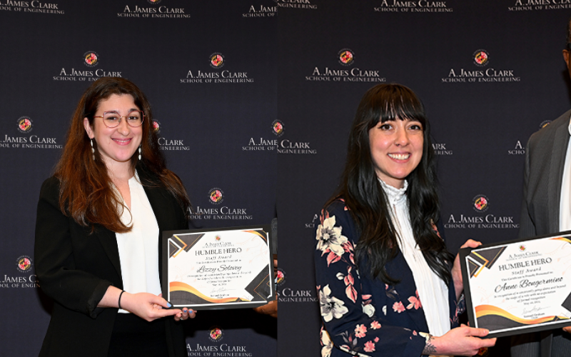 a split frame photo of Lizzy Solovey (left) and Anne Bongermino (right) receiving their award certificates