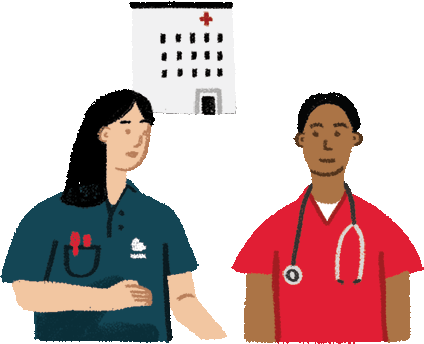 Illustration of medical students by a building 