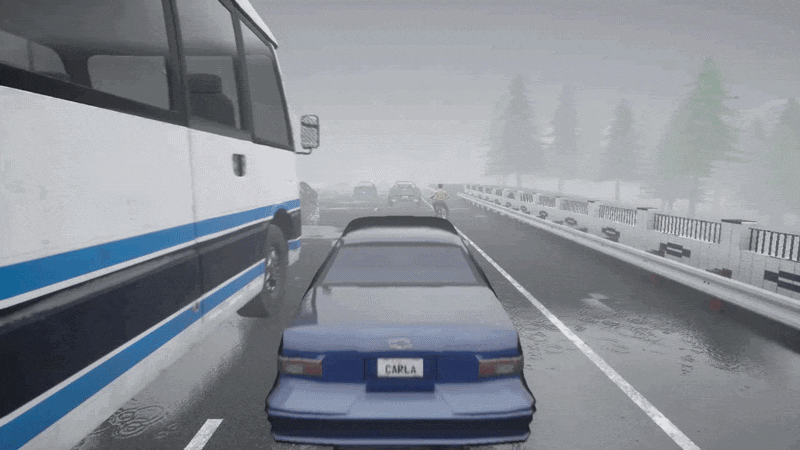 Animation of a car driving on a highway between a bus and a bicycle. Heavy snow is falling