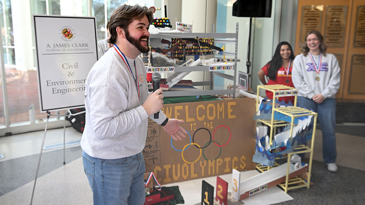 A student from civil and environmental engineering describes the CivOlympics device