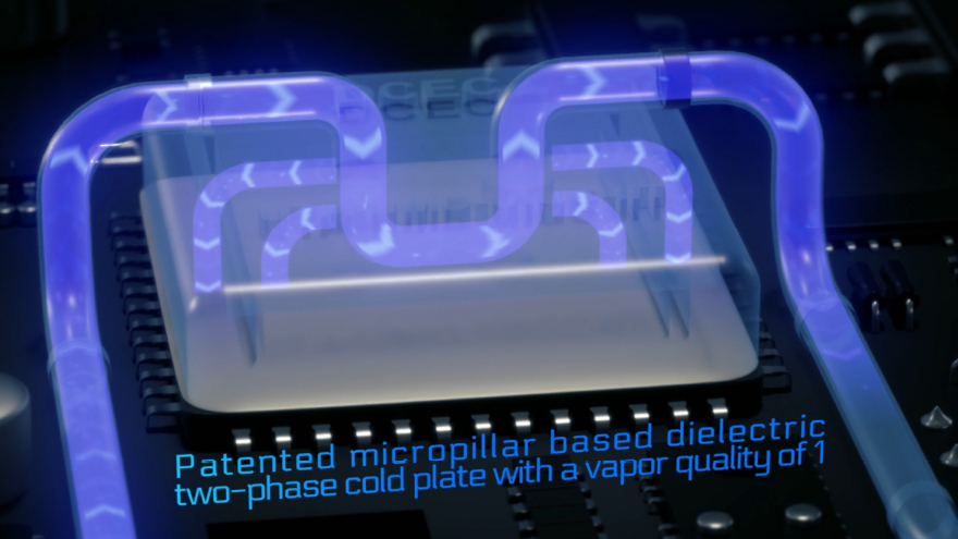 Design of a two-phase coolant with the words Patented micropillar based dielectric two-phase cold plate with a vapor quality of 1.
