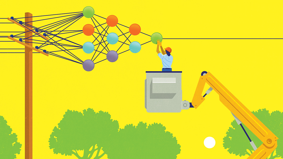 Illustration of an electric grid with a monitor showing a low load
