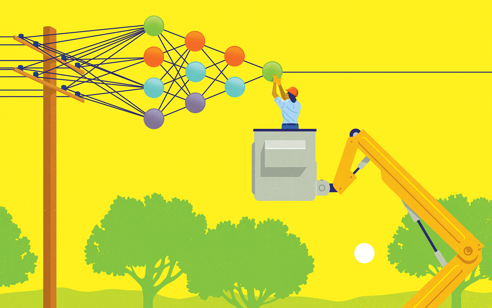Illustration of large language model nodes on a telephone wire with a worker reducing the load