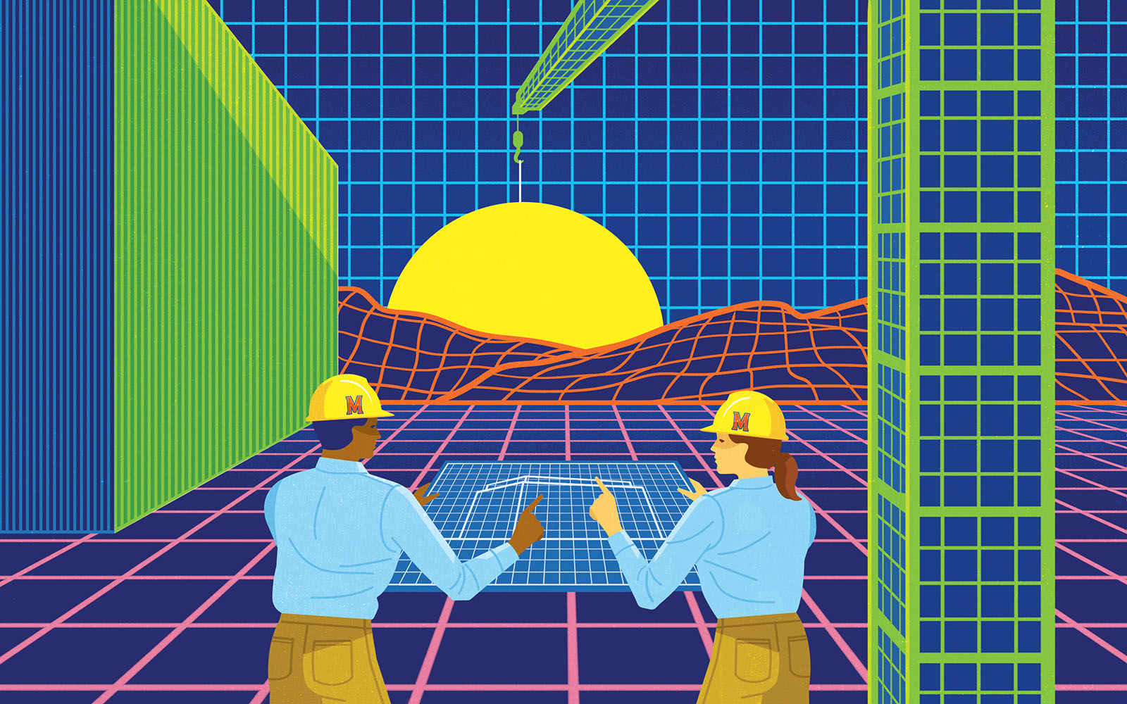 Illustration of engineers designing for the environment