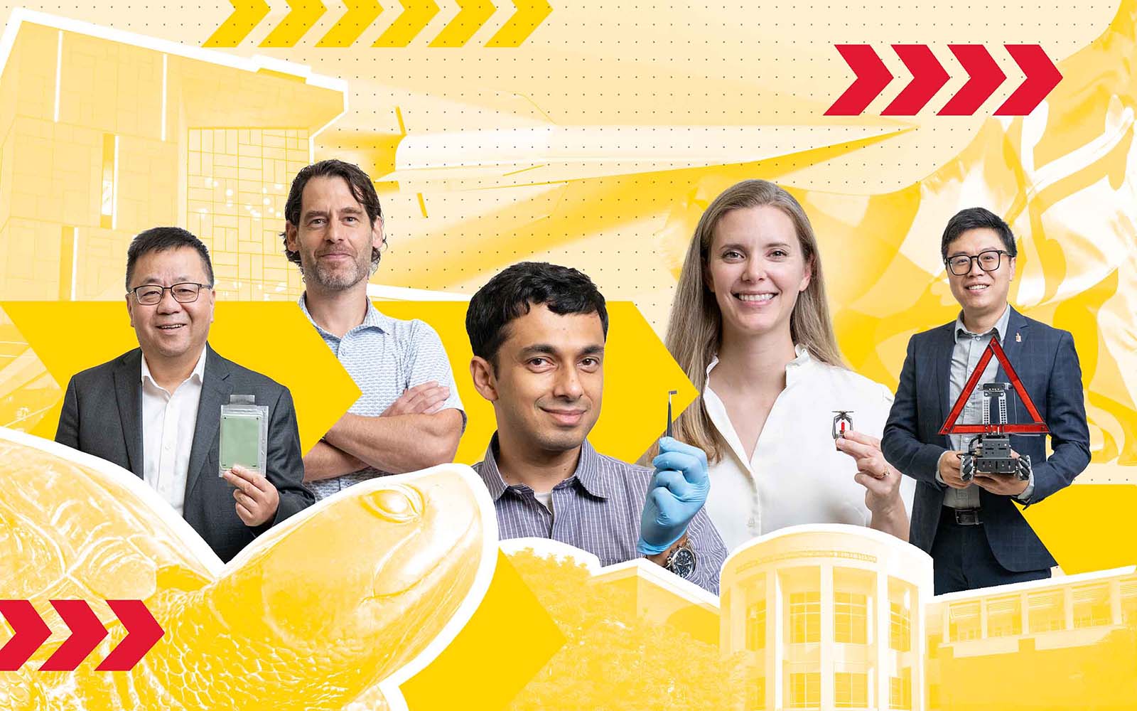 Five engineers against a yellow background