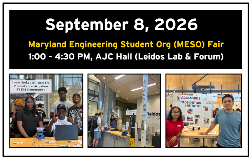 Sign for the MESO Fair 2026 on September 8, 2026 showing three student org photos