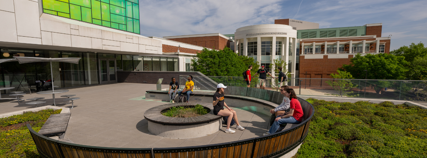 Students sitting outside the Idea Factory 
