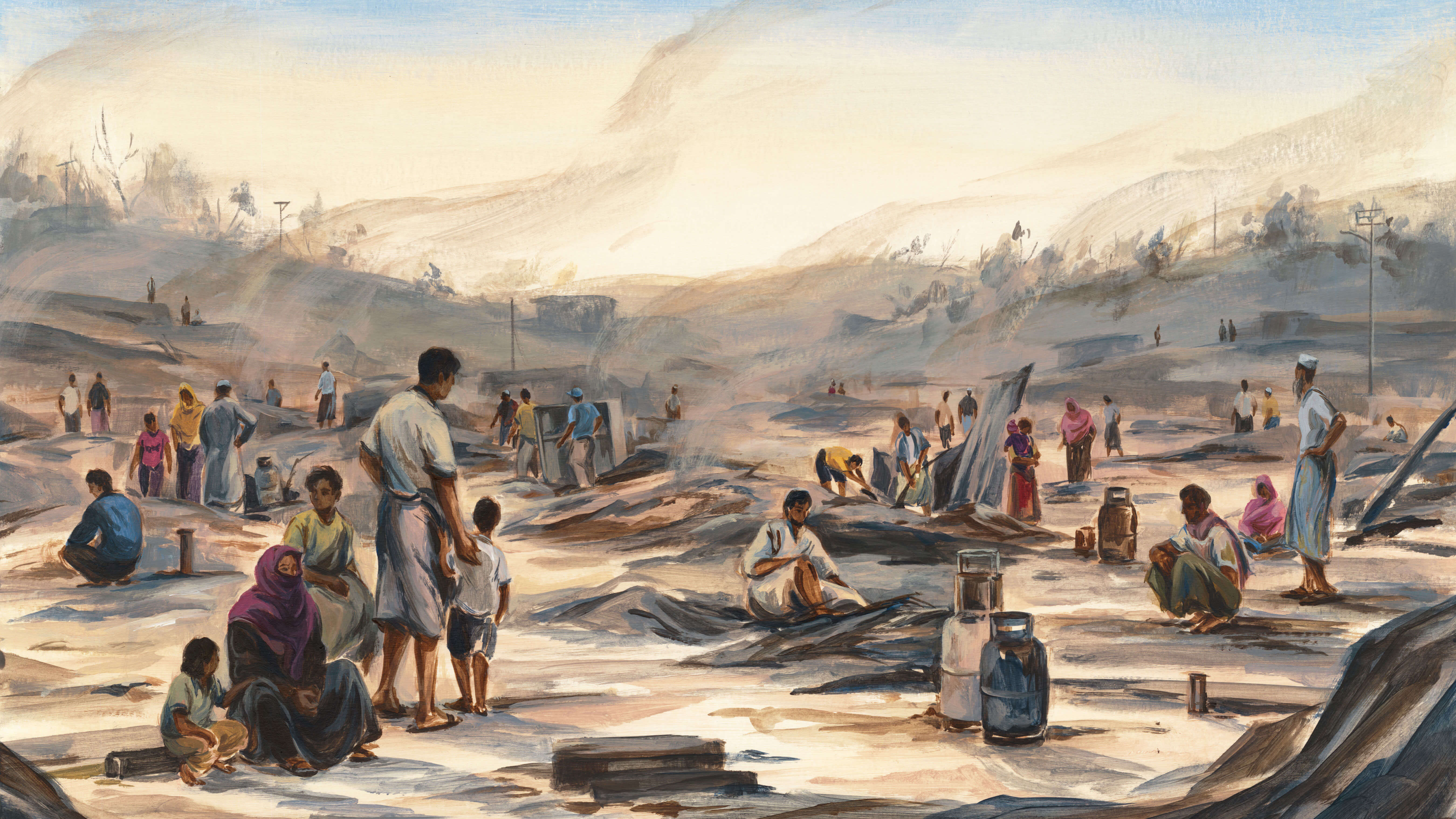illustration of various groups of people scattered throughout a humanitarian settlement