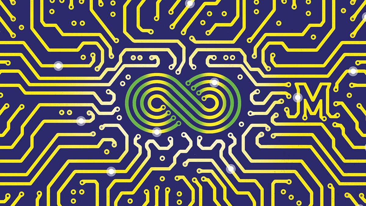 Illustration of circuitry with an infinity loop and Maryland M