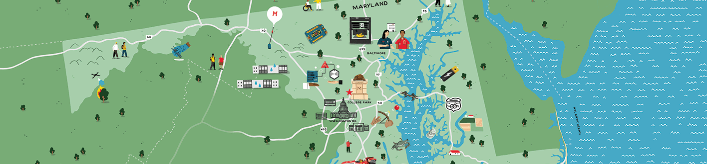 Detail of a map with animations of icons revealing text upon hover