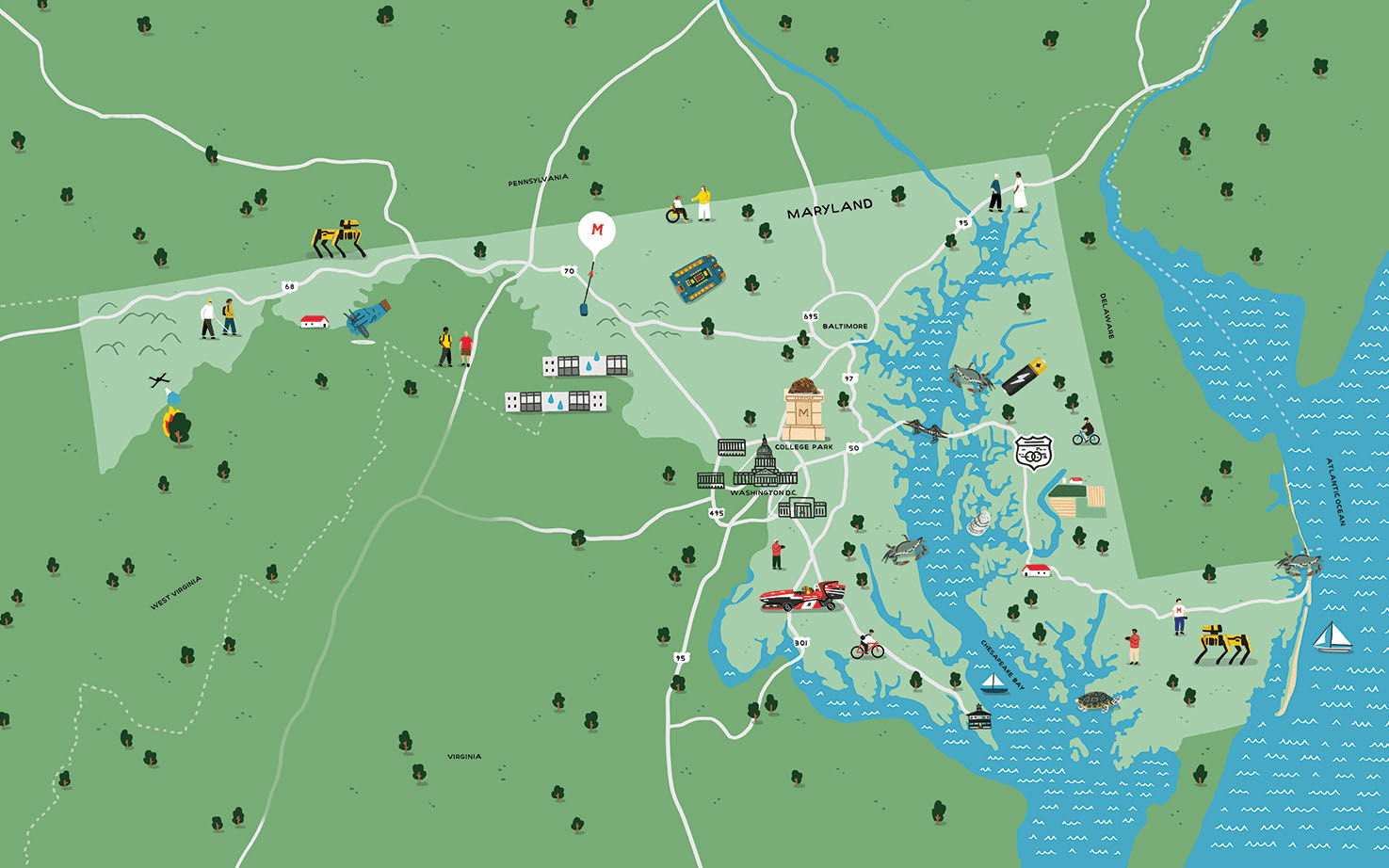 Detail of the a map of Maryland that appears on the cover of the Spring/Summer 2026 Engineering at Maryland magazine