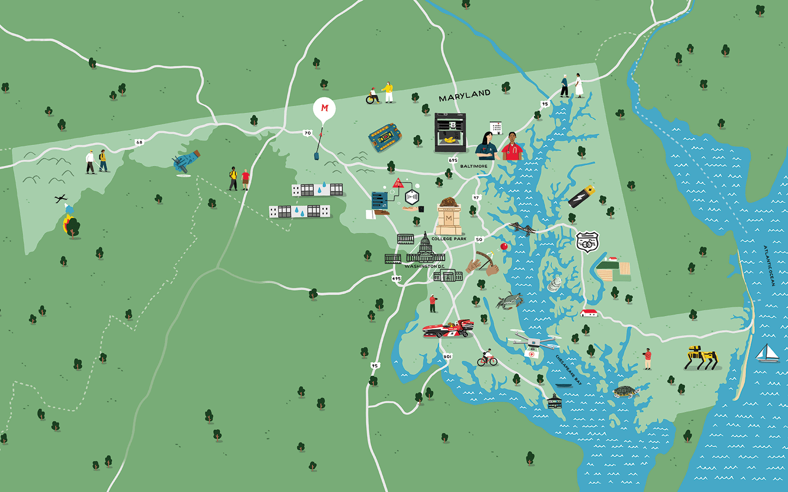 Map of Maryland with icons representing various engineering projects