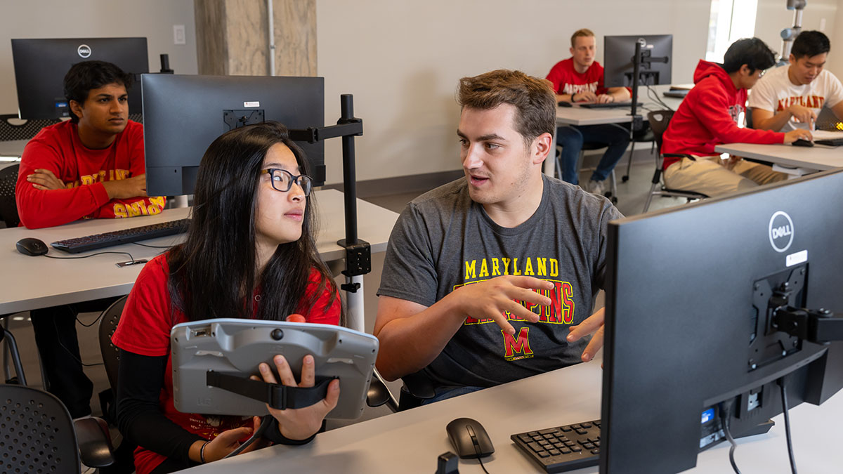 A UMD engineering classroom with pairs of students sitting in front of computers