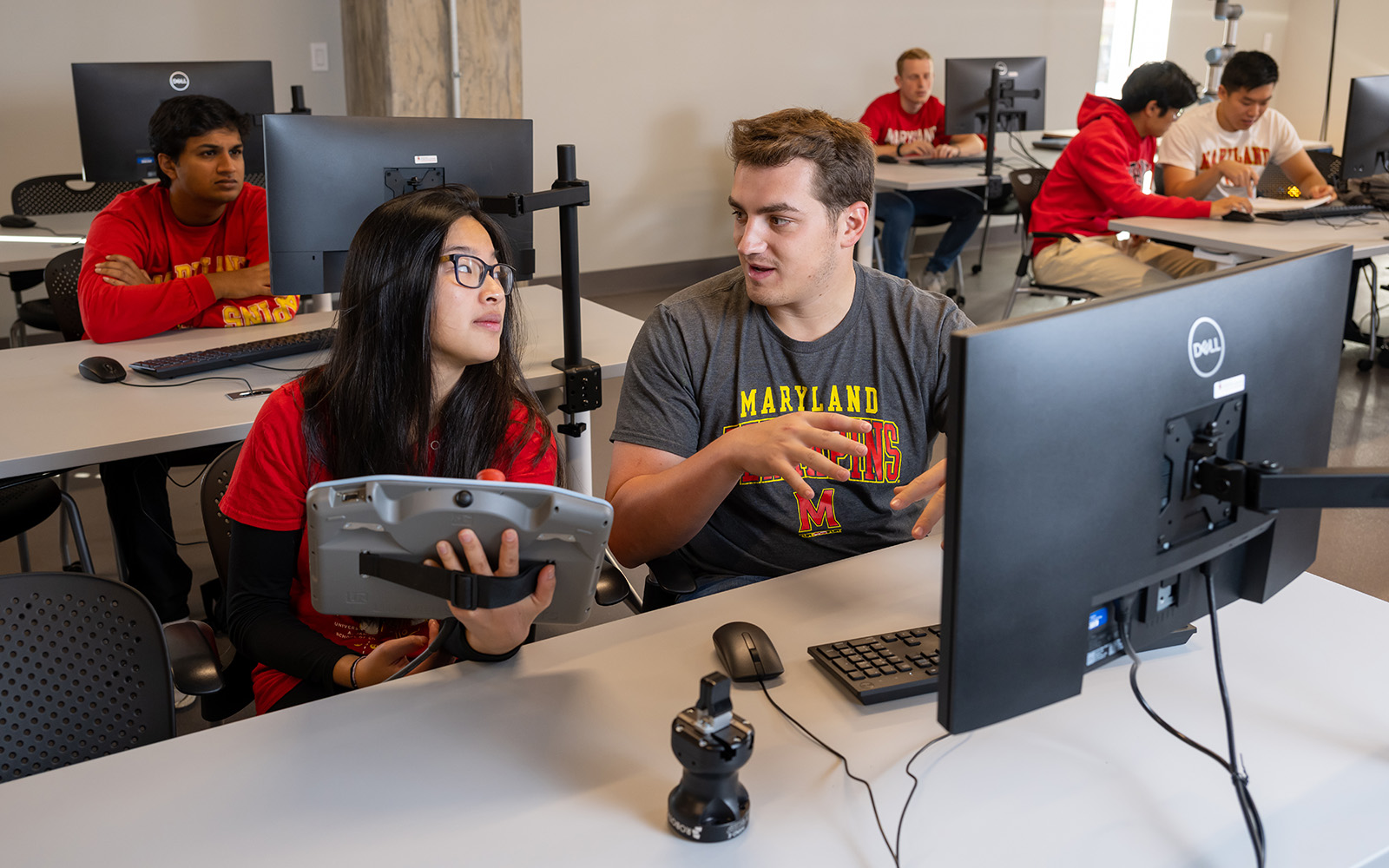 A UMD engineering classroom with pairs of students sitting in front of computers