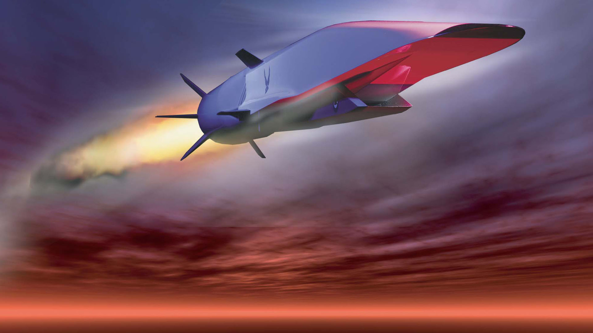 Rendering of a futuristic plane bearing the Boeing logo flying above the clouds